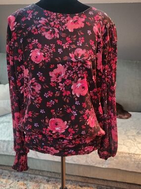 Stitch Fix Nine Britton Dark Floral Long-Sleeve Blouse in Black and Pink XL